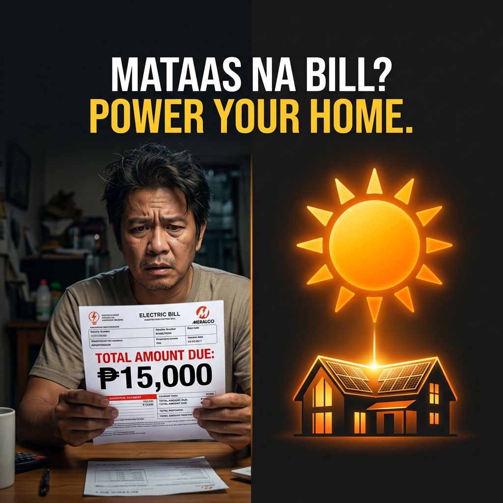 Filipino homeowner comparing high Meralco electric bill of Php 15,000 with a rooftop solar powered home installation in the Philippines
