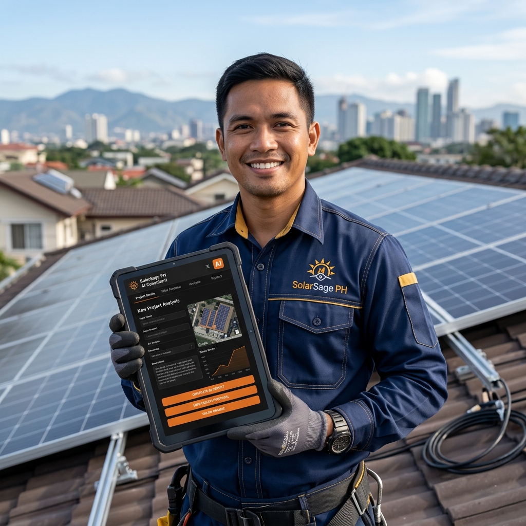 Certified Filipino solar engineer from SolarSage PH inspecting rooftop solar panel installation with a digital solar analysis tablet